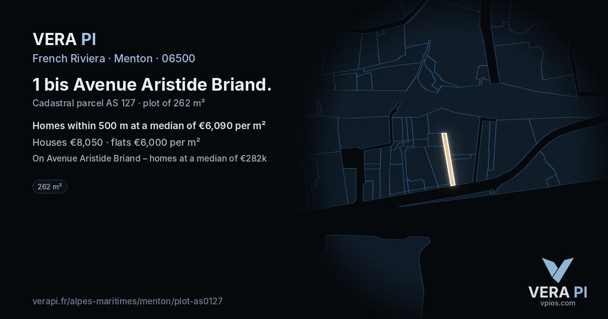 1 bis Avenue Aristide Briand, Menton at night – the plot lit, the parcels around coloured by the prices near them
