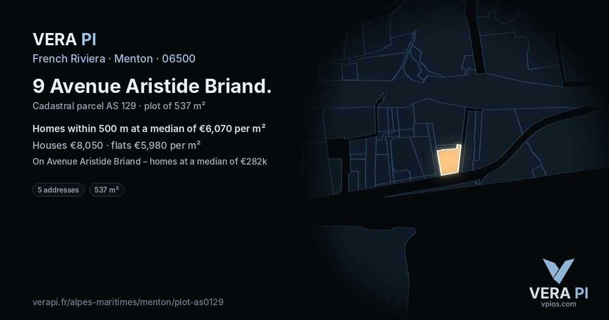 9 Avenue Aristide Briand, Menton at night – the plot lit, the parcels around coloured by the prices near them