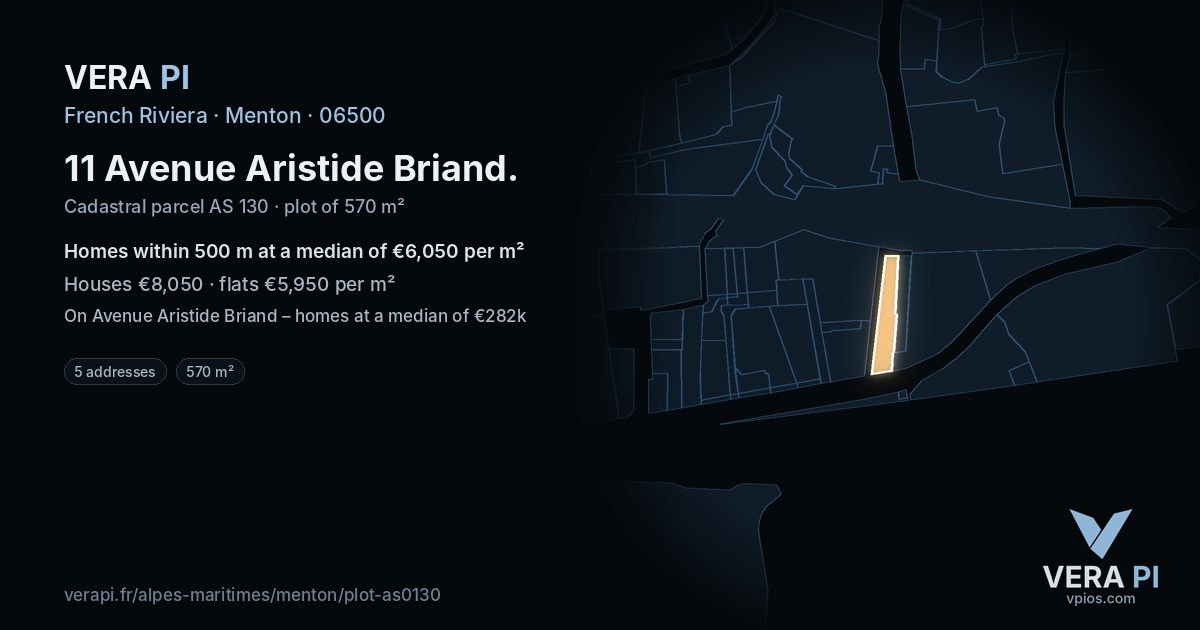 11 Avenue Aristide Briand, Menton at night – the plot lit, the parcels around coloured by the prices near them