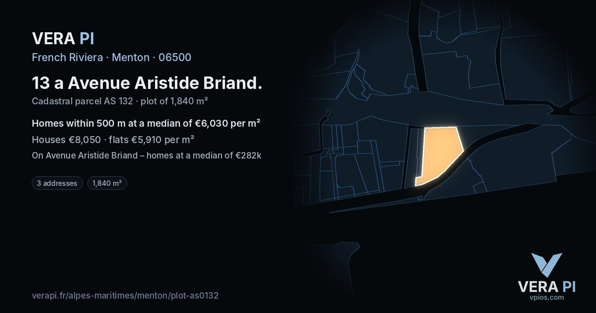 13 a Avenue Aristide Briand, Menton at night – the plot lit, the parcels around coloured by the prices near them