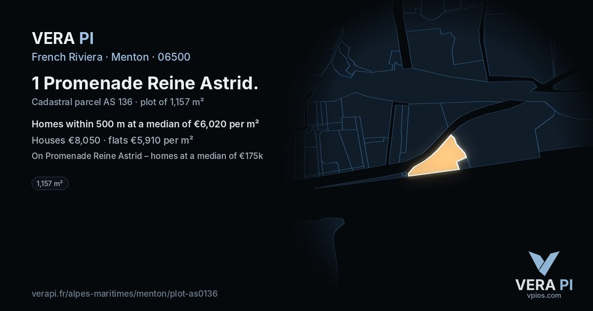 1 Promenade Reine Astrid, Menton at night – the plot lit, the parcels around coloured by the prices near them