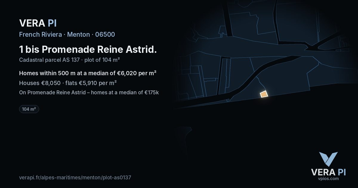 1 bis Promenade Reine Astrid, Menton at night – the plot lit, the parcels around coloured by the prices near them