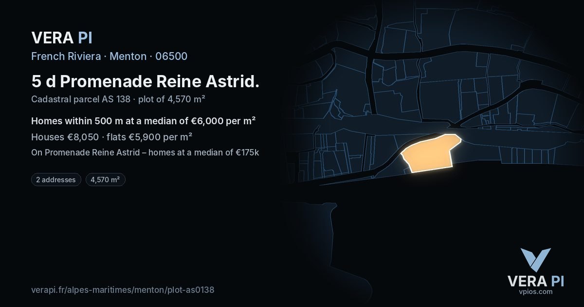 5 d Promenade Reine Astrid, Menton at night – the plot lit, the parcels around coloured by the prices near them