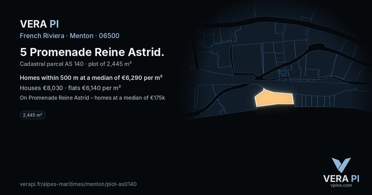 5 Promenade Reine Astrid, Menton at night – the plot lit, the parcels around coloured by the prices near them
