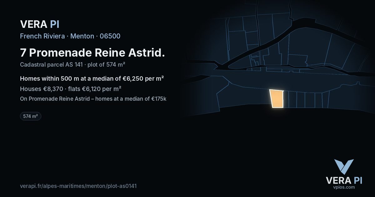 7 Promenade Reine Astrid, Menton at night – the plot lit, the parcels around coloured by the prices near them