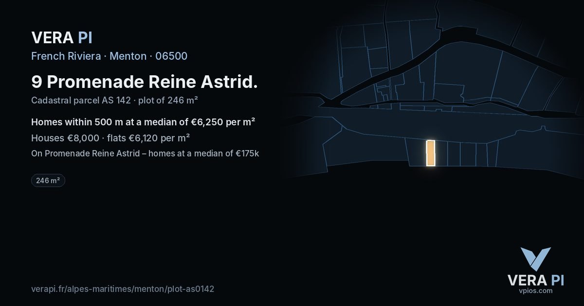 9 Promenade Reine Astrid, Menton at night – the plot lit, the parcels around coloured by the prices near them