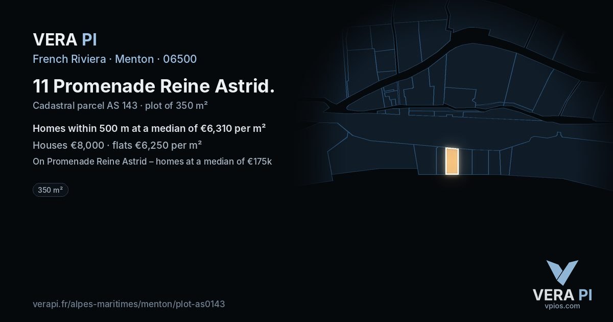 11 Promenade Reine Astrid, Menton at night – the plot lit, the parcels around coloured by the prices near them