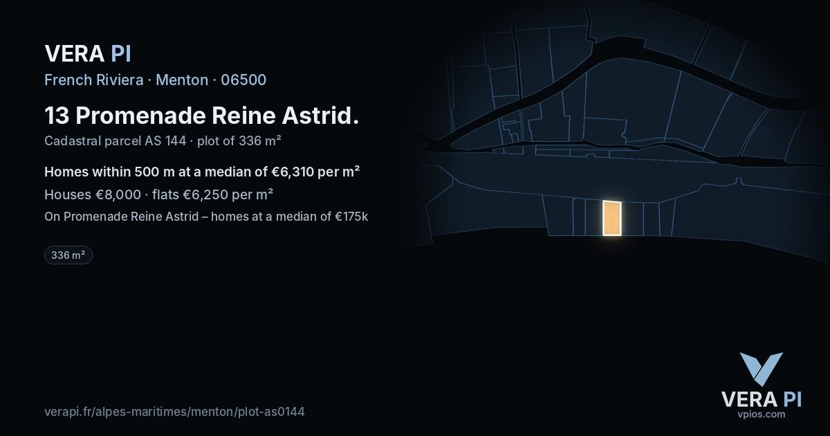 13 Promenade Reine Astrid, Menton at night – the plot lit, the parcels around coloured by the prices near them