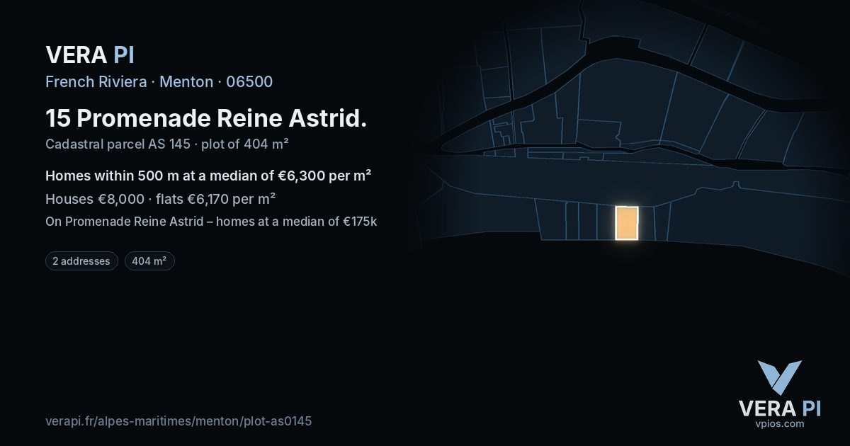 15 Promenade Reine Astrid, Menton at night – the plot lit, the parcels around coloured by the prices near them