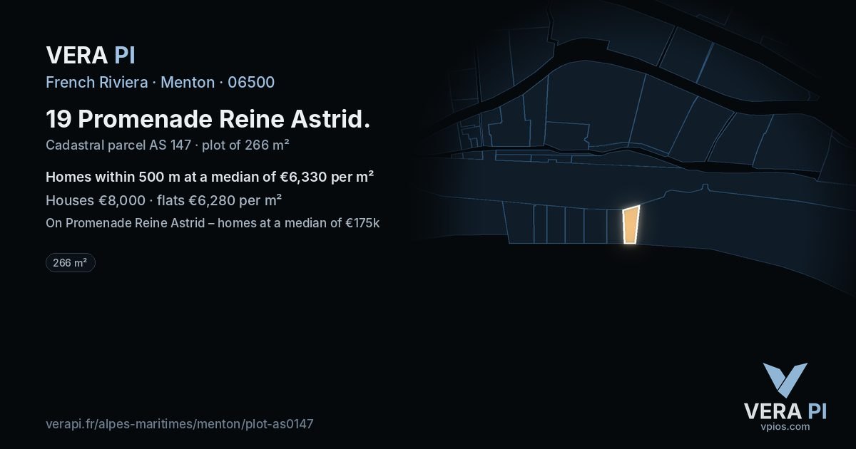 19 Promenade Reine Astrid, Menton at night – the plot lit, the parcels around coloured by the prices near them