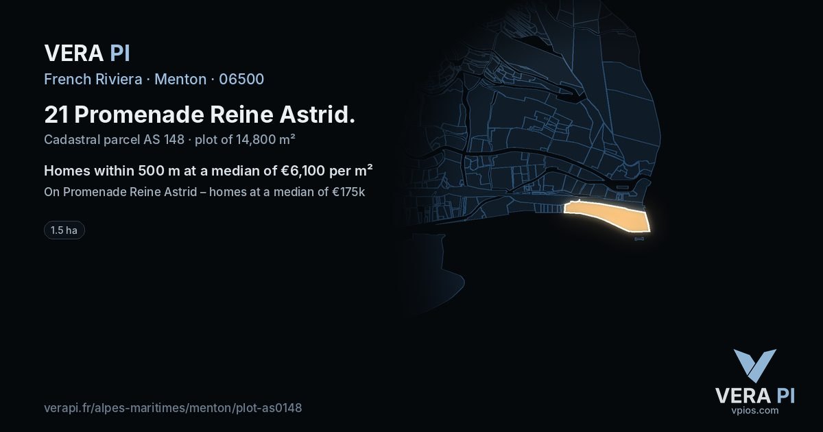 21 Promenade Reine Astrid, Menton at night – the plot lit, the parcels around coloured by the prices near them