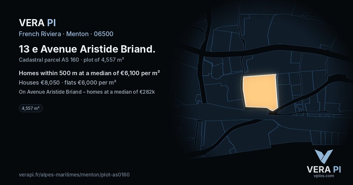 13 e Avenue Aristide Briand, Menton at night – the plot lit, the parcels around coloured by the prices near them