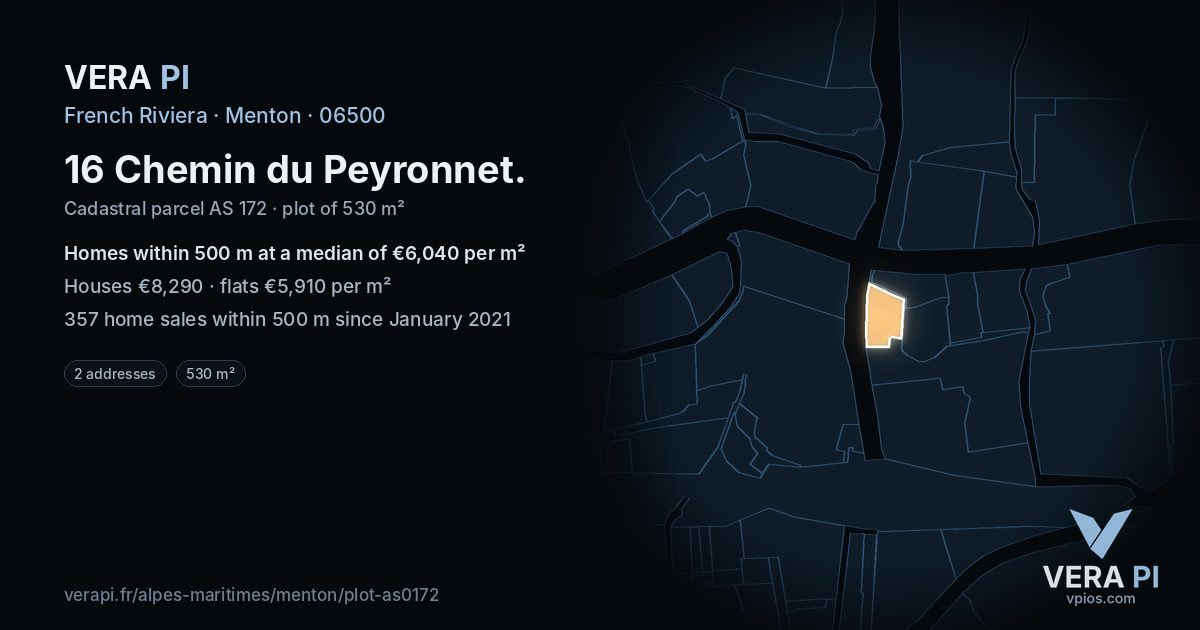 16 Chemin du Peyronnet, Menton at night – the plot lit, the parcels around coloured by the prices near them