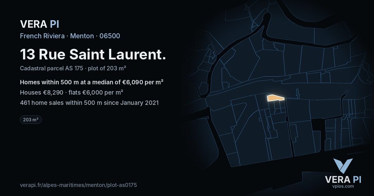 13 Rue Saint Laurent, Menton at night – the plot lit, the parcels around coloured by the prices near them
