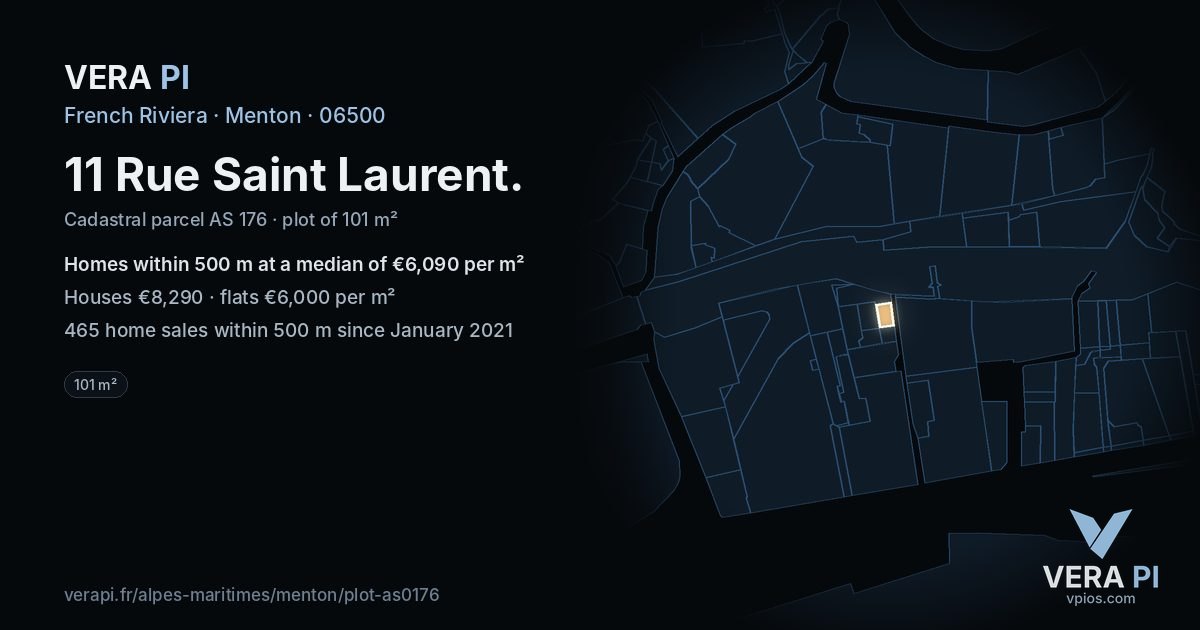 11 Rue Saint Laurent, Menton at night – the plot lit, the parcels around coloured by the prices near them