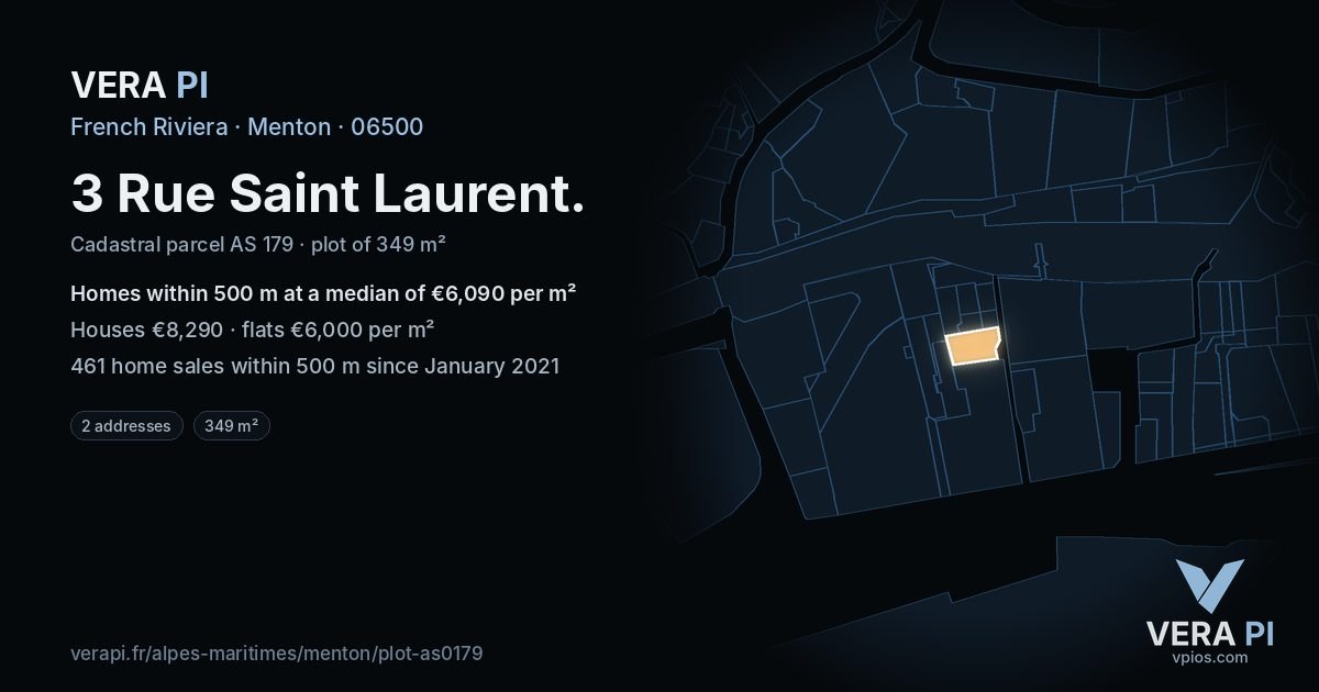 3 Rue Saint Laurent, Menton at night – the plot lit, the parcels around coloured by the prices near them