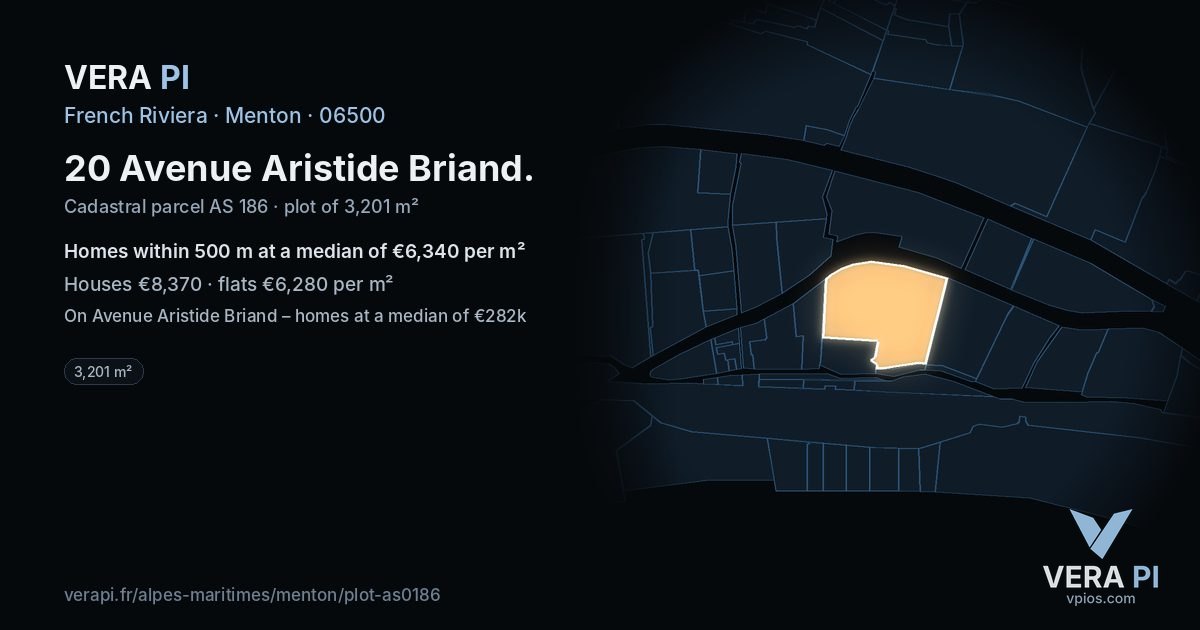 20 Avenue Aristide Briand, Menton at night – the plot lit, the parcels around coloured by the prices near them