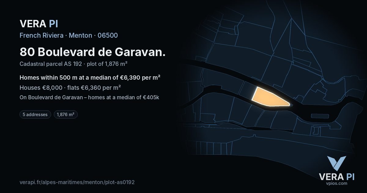 80 Boulevard de Garavan, Menton at night – the plot lit, the parcels around coloured by the prices near them