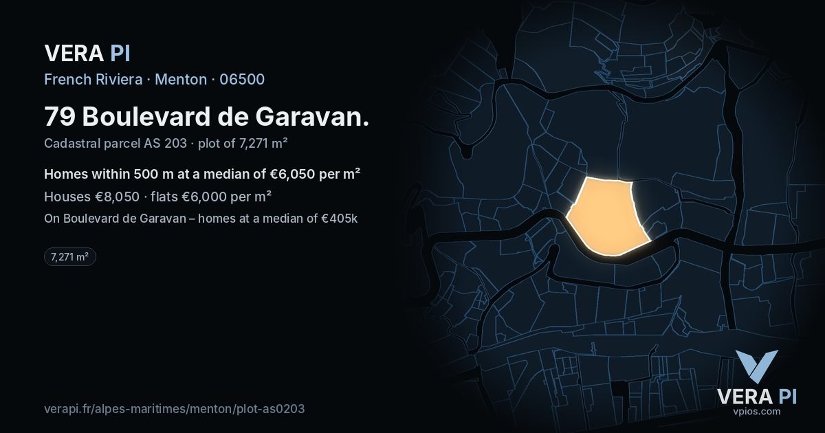 79 Boulevard de Garavan, Menton at night – the plot lit, the parcels around coloured by the prices near them