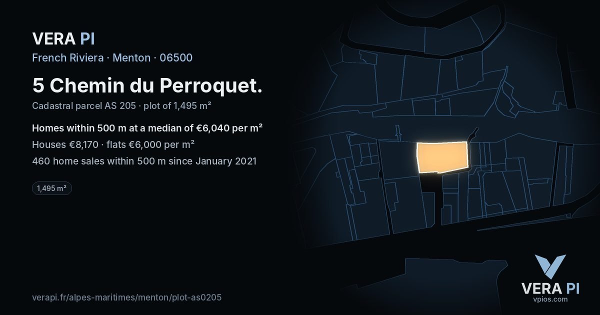 5 Chemin du Perroquet, Menton at night – the plot lit, the parcels around coloured by the prices near them