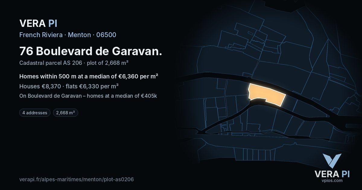 76 Boulevard de Garavan, Menton at night – the plot lit, the parcels around coloured by the prices near them