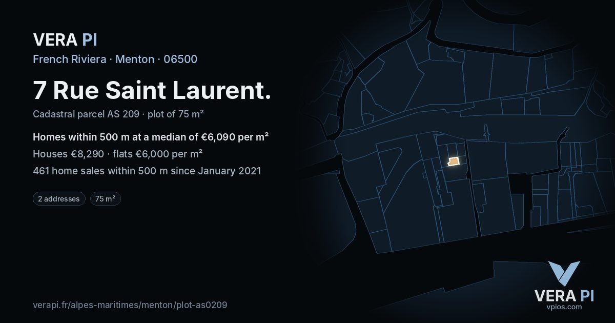 7 Rue Saint Laurent, Menton at night – the plot lit, the parcels around coloured by the prices near them
