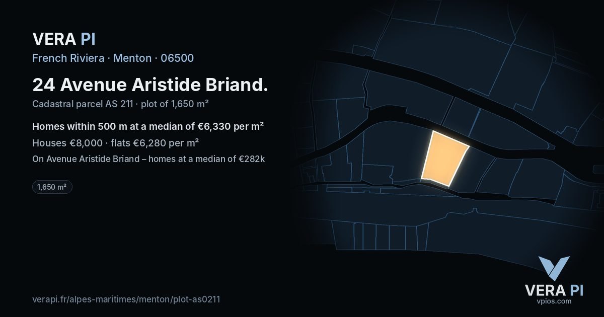 24 Avenue Aristide Briand, Menton at night – the plot lit, the parcels around coloured by the prices near them
