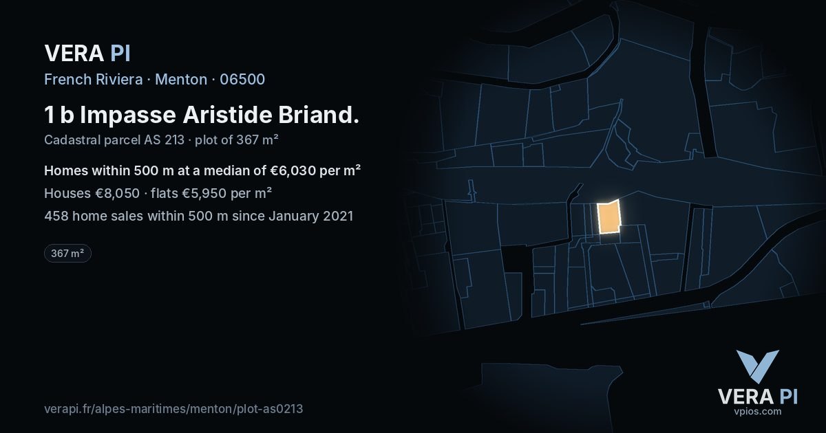 1 b Impasse Aristide Briand, Menton at night – the plot lit, the parcels around coloured by the prices near them