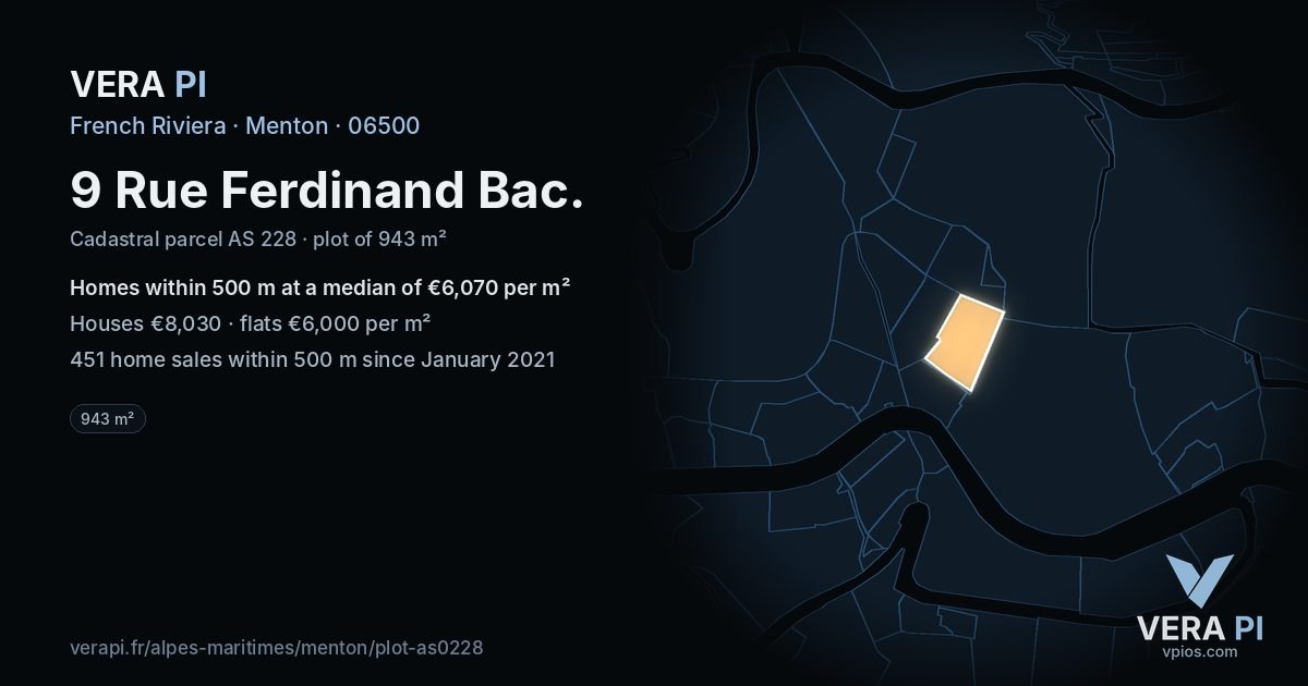 9 Rue Ferdinand Bac, Menton at night – the plot lit, the parcels around coloured by the prices near them