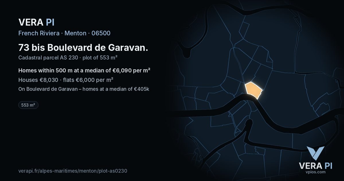 73 bis Boulevard de Garavan, Menton at night – the plot lit, the parcels around coloured by the prices near them