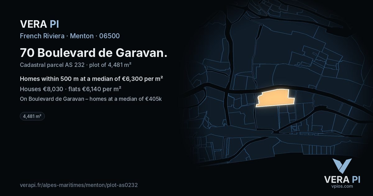 70 Boulevard de Garavan, Menton at night – the plot lit, the parcels around coloured by the prices near them