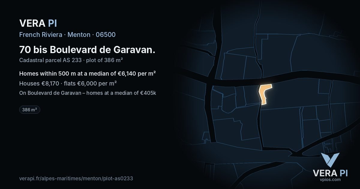 70 bis Boulevard de Garavan, Menton at night – the plot lit, the parcels around coloured by the prices near them