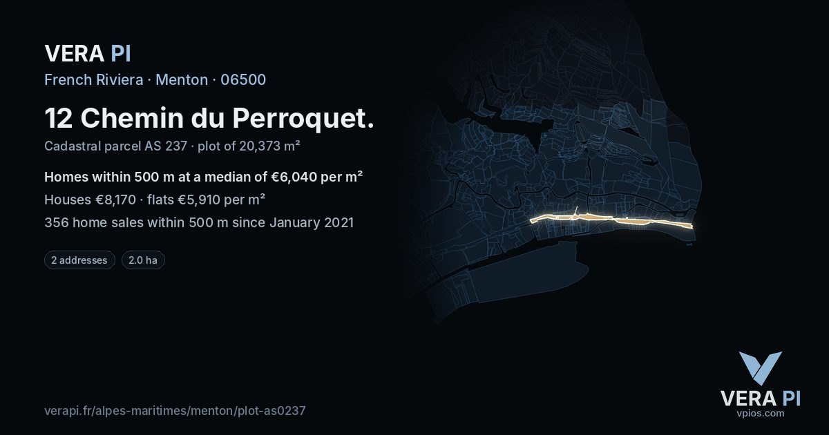 12 Chemin du Perroquet, Menton at night – the plot lit, the parcels around coloured by the prices near them