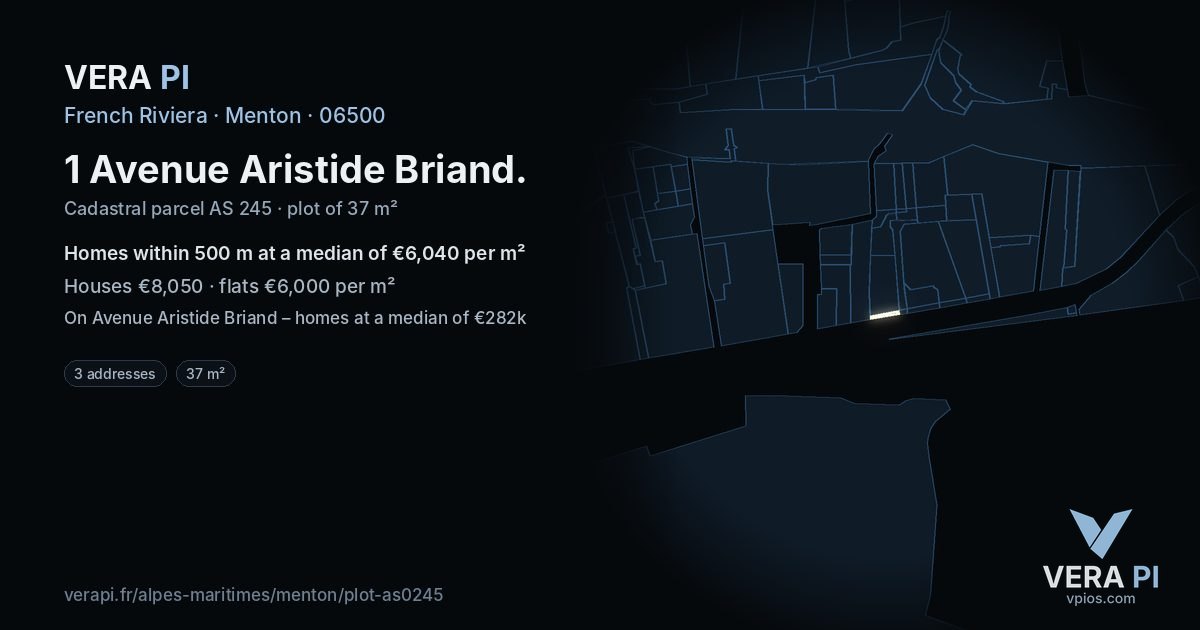 1 Avenue Aristide Briand, Menton at night – the plot lit, the parcels around coloured by the prices near them