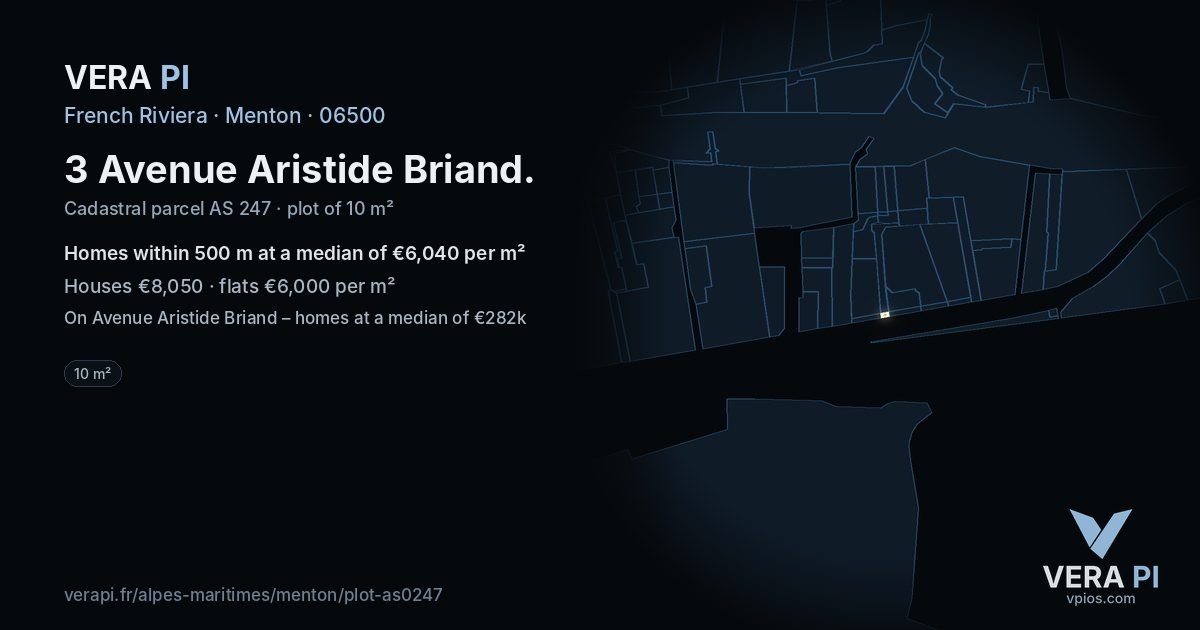 3 Avenue Aristide Briand, Menton at night – the plot lit, the parcels around coloured by the prices near them