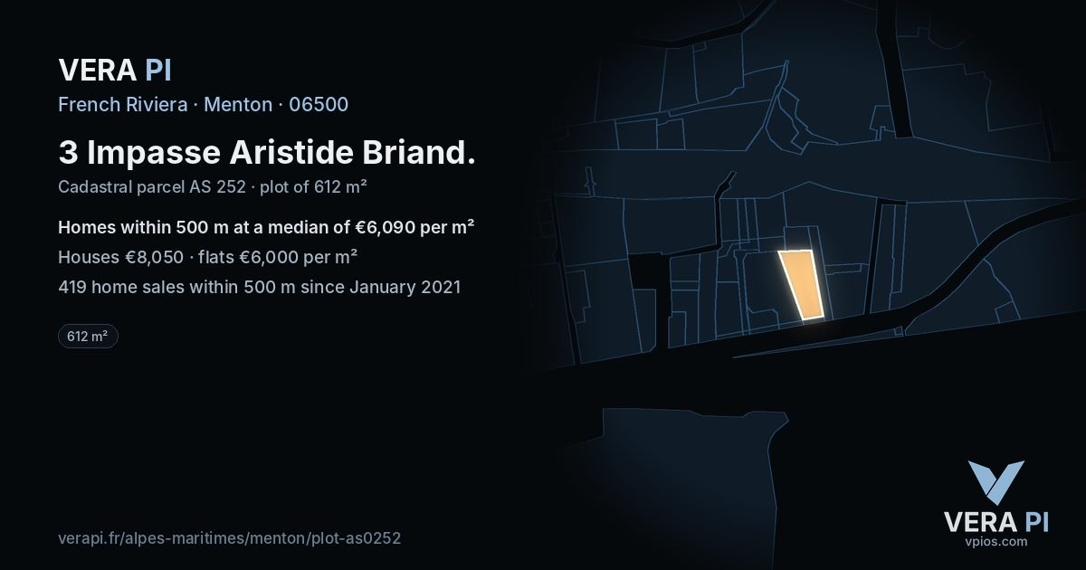 3 Impasse Aristide Briand, Menton at night – the plot lit, the parcels around coloured by the prices near them