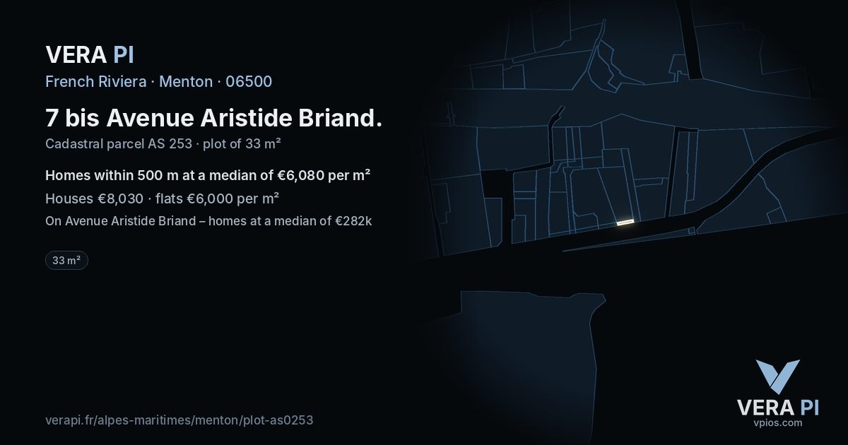 7 bis Avenue Aristide Briand, Menton at night – the plot lit, the parcels around coloured by the prices near them