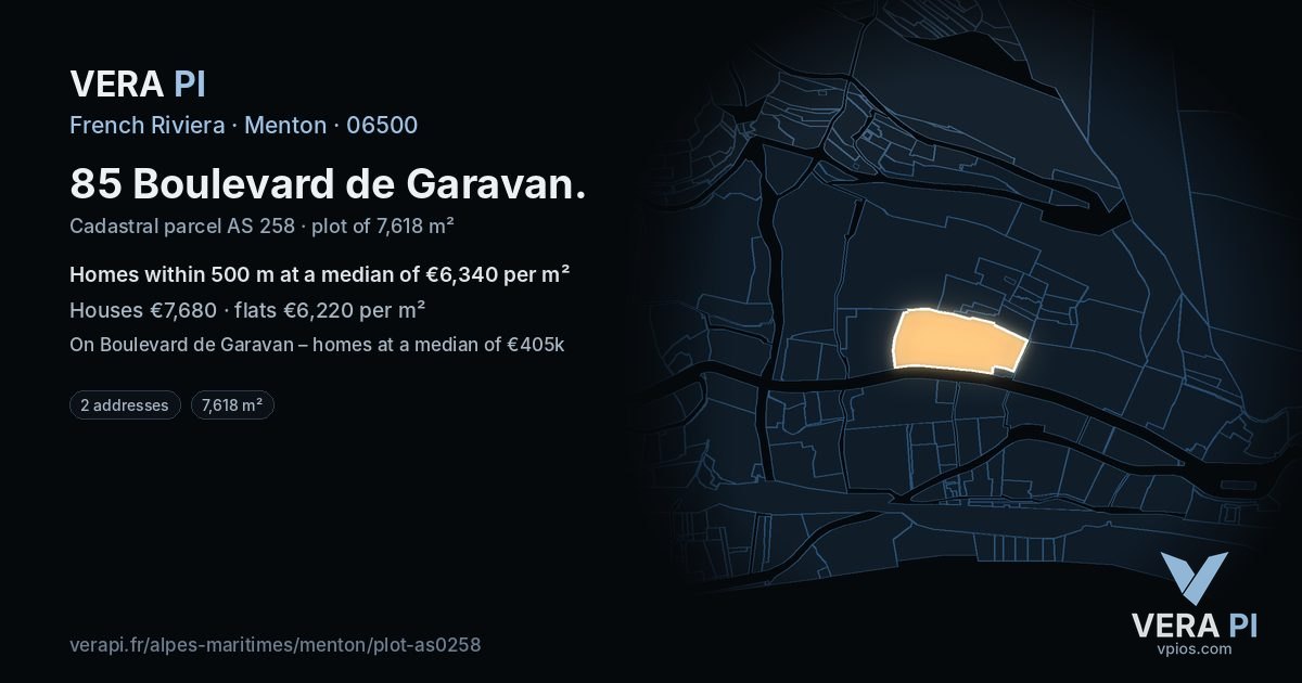 85 Boulevard de Garavan, Menton at night – the plot lit, the parcels around coloured by the prices near them
