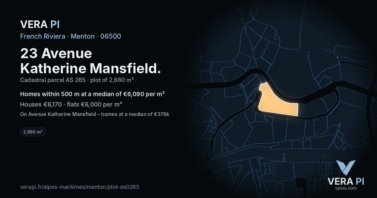23 Avenue Katherine Mansfield, Menton at night – the plot lit, the parcels around coloured by the prices near them
