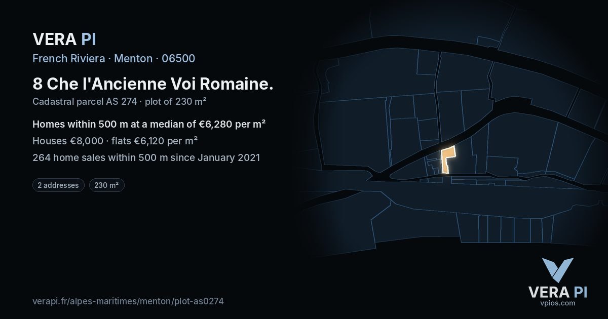 8 Che l'Ancienne Voi Romaine, Menton at night – the plot lit, the parcels around coloured by the prices near them