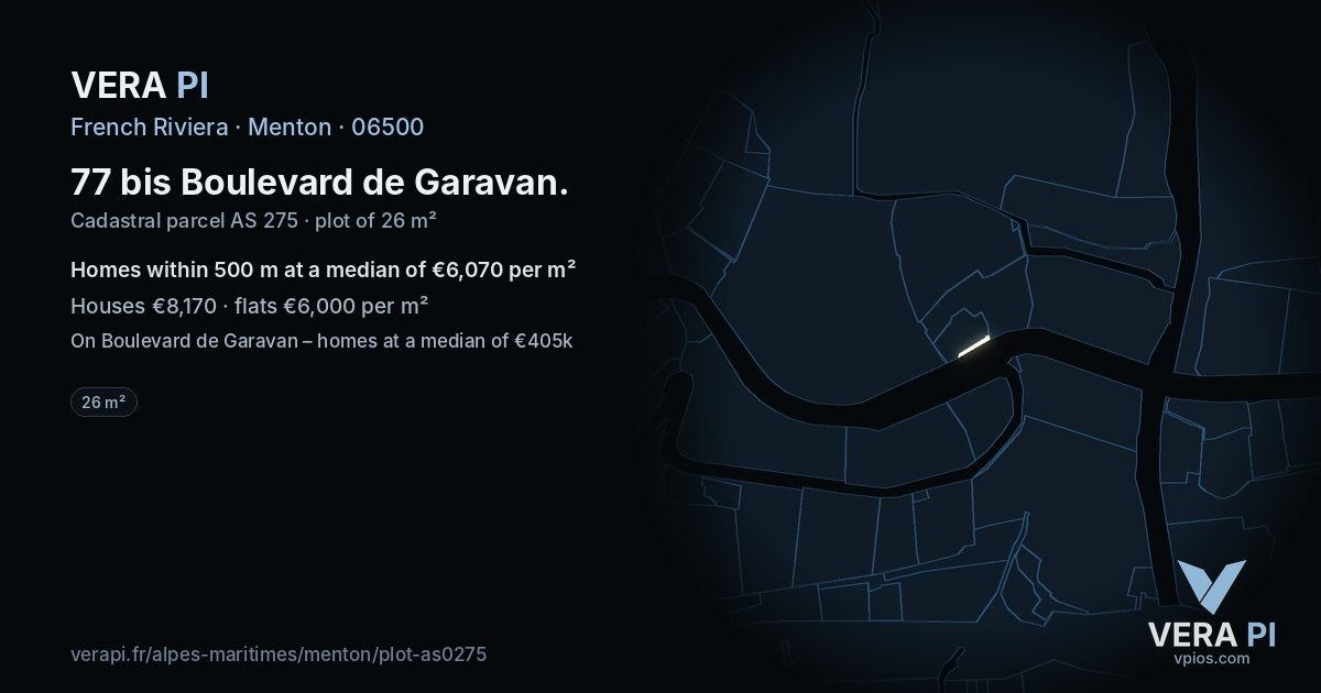 77 bis Boulevard de Garavan, Menton at night – the plot lit, the parcels around coloured by the prices near them