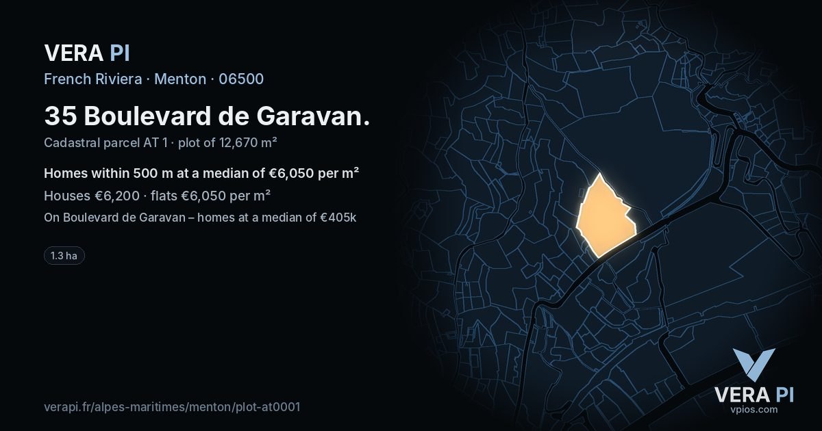 35 Boulevard de Garavan, Menton at night – the plot lit, the parcels around coloured by the prices near them