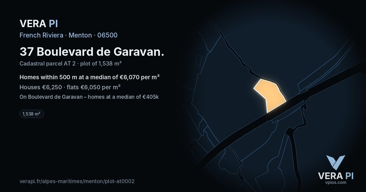 37 Boulevard de Garavan, Menton at night – the plot lit, the parcels around coloured by the prices near them