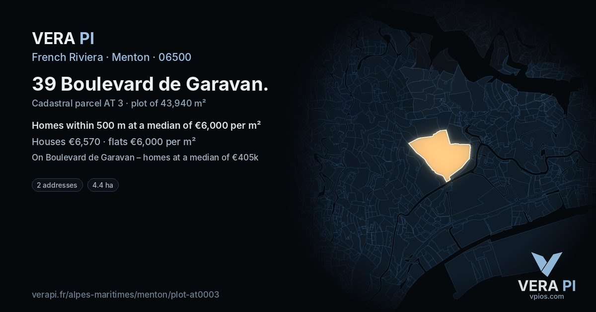 39 Boulevard de Garavan, Menton at night – the plot lit, the parcels around coloured by the prices near them