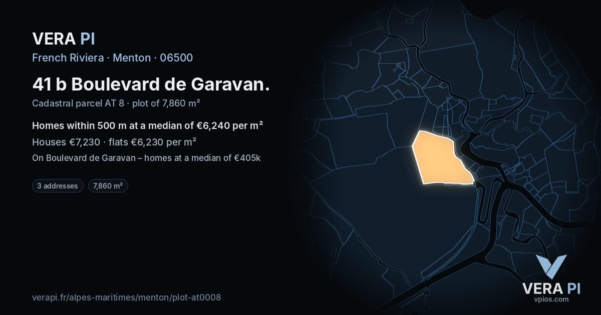 41 b Boulevard de Garavan, Menton at night – the plot lit, the parcels around coloured by the prices near them