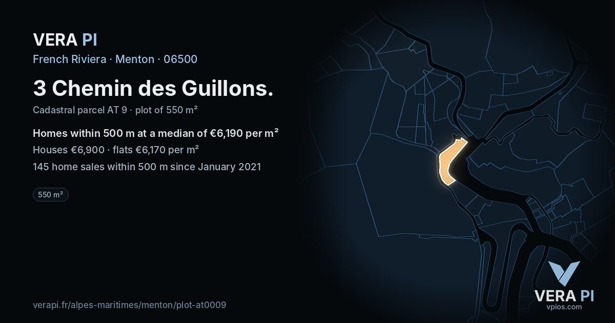 3 Chemin des Guillons, Menton at night – the plot lit, the parcels around coloured by the prices near them