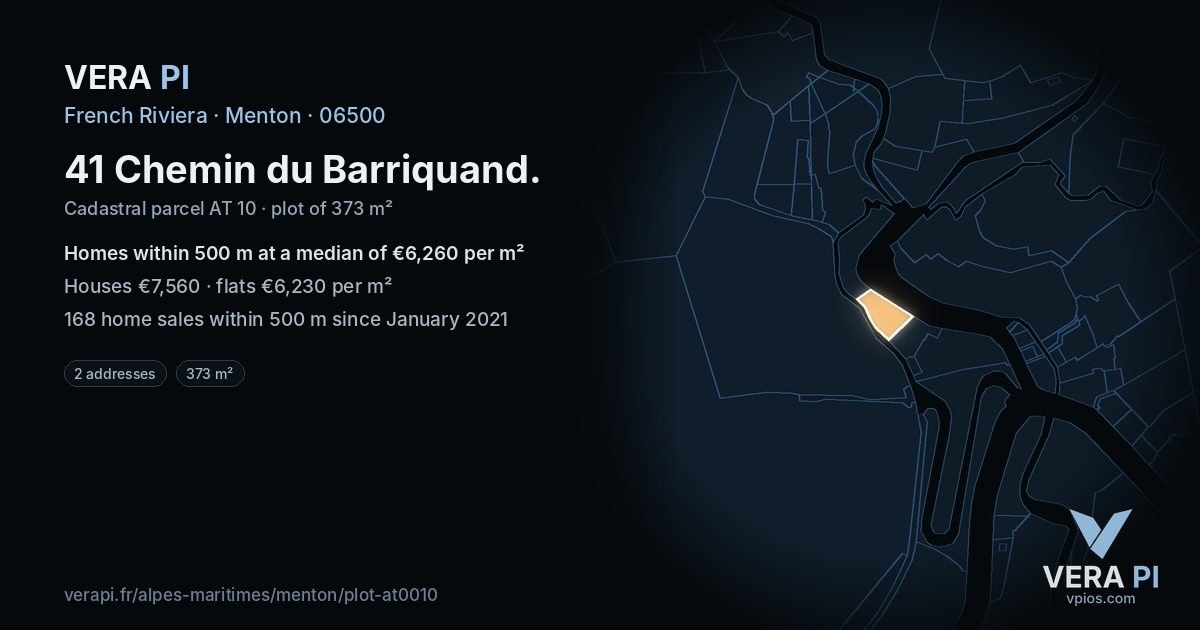 41 Chemin du Barriquand, Menton at night – the plot lit, the parcels around coloured by the prices near them
