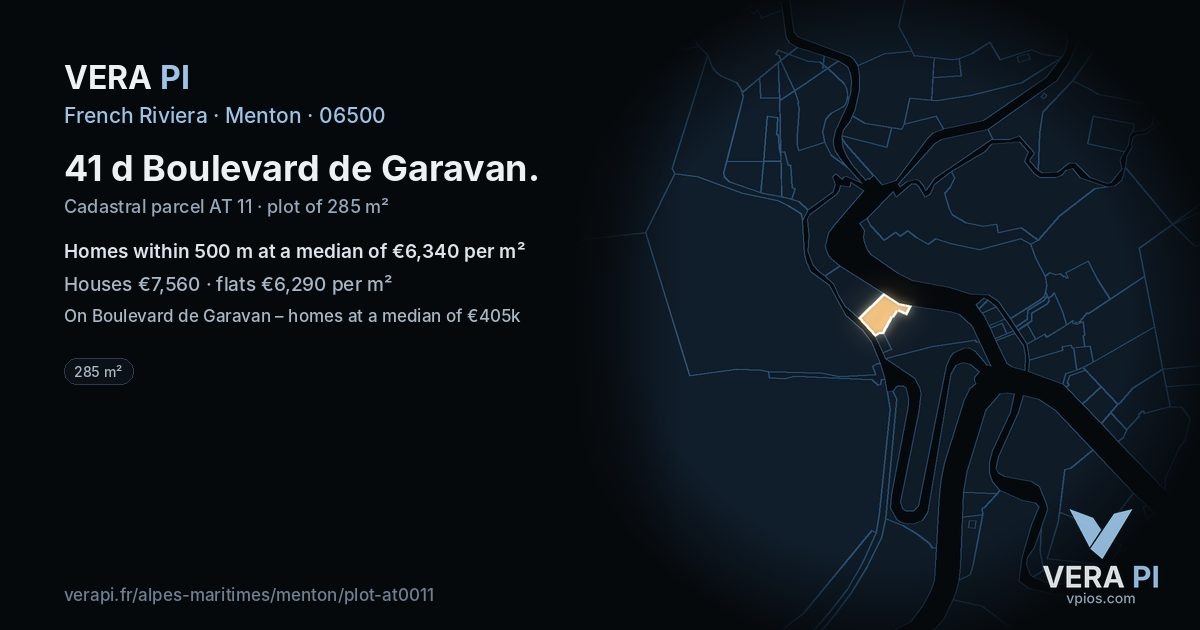41 d Boulevard de Garavan, Menton at night – the plot lit, the parcels around coloured by the prices near them
