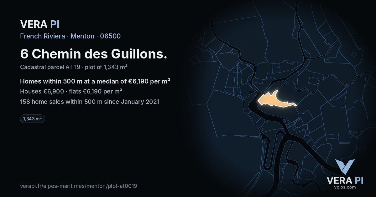 6 Chemin des Guillons, Menton at night – the plot lit, the parcels around coloured by the prices near them
