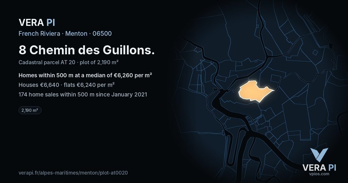 8 Chemin des Guillons, Menton at night – the plot lit, the parcels around coloured by the prices near them